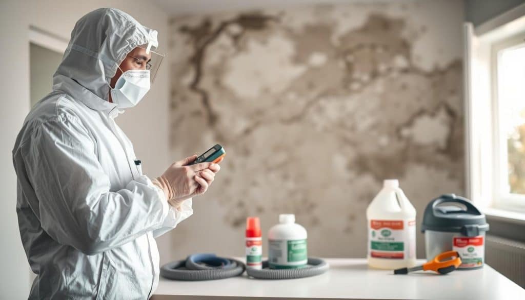 A professional mold remediation technician in a clean, bright room wearing a protective suit and mask, inspecting a wall with visible mold growth. In the foreground, the technician is examining a moisture meter carefully. The middle ground features tools like a HEPA vacuum and mold treatment solutions neatly organized on a table. The background shows a partially open window allowing natural light to illuminate the room, enhancing the urgency of the situation. The overall mood conveys a sense of professionalism and urgency, highlighting the need for immediate action against mold. Soft, diffuse lighting emphasizes the clean environment while maintaining focus on the technician’s meticulous work, using a slightly elevated angle to capture both the technician and the mold-affected area. - how to remove mold from drywall