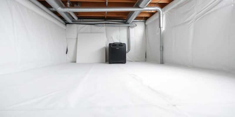 A detailed view of a crawl space encapsulation setup, showcasing a clean, bright encapsulated area. In the foreground, a smooth, white vapor barrier fully covers the ground and walls, with neatly sealed seams. In the middle, some high-quality insulation panels are visible against the foundation walls, creating an organized space. A small dehumidifier stands prominently in one corner, emphasizing the moisture control aspect. The lighting is bright and clear, mimicking natural daylight with minimal shadows to enhance visibility. In the background, exposed beams and pipes hint at the structural features of a typical crawl space. The atmosphere conveys a sense of cleanliness and order, emphasizing the benefits of crawl space encapsulation while also subtly nodding to potential considerations for maintenance. how much does it cost to waterproof a basement