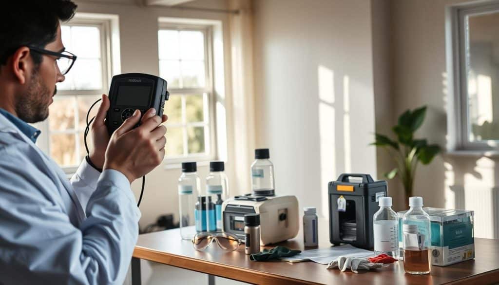 A professional indoor setting showcasing air quality verification post-mold remediation. In the foreground, a technician in a lab coat is holding an air quality monitor, checking the readings with a focused expression. The middle ground features several testing equipment like air samplers and chemical analysis kits neatly arranged on a table, alongside safety goggles and gloves. The background depicts a well-lit room with clear windows allowing natural light to flood in, enhancing the sense of cleanliness and professionalism. The walls are painted in soft colors to convey a calming atmosphere. Gentle shadows enhance depth, creating a realistic setting. The image should evoke a mood of diligence, reassurance, and scientific precision, implying a thorough examination of the air quality. - How Is Air Quality Measured
