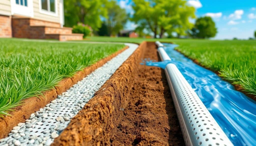 A detailed illustration of a French drain system in a residential setting, showcasing the trench filled with gravel, perforated pipe, and surrounding soil. In the foreground, depict the edges of the trench with a close-up view of the gravel and the pipe, highlighting the drainage features. In the middle ground, show the flow of water being directed away from the foundation of a home, illustrating its purpose in flood prevention. The background features a green lawn and a clear blue sky, emphasizing a peaceful suburban environment. Use natural lighting to create a bright, fresh atmosphere, captured with a slightly elevated angle to visualize the effectiveness of the French drain system. - how to install a french drain