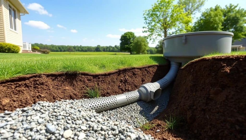 A detailed illustration of a French drain system, showcasing its components in a residential backyard setting. In the foreground, prominently feature the gravel-filled trench with a perforated pipe lying at the bottom, surrounded by soil and grass. In the middle ground, display a gentle slope leading to a drainage basin that collects excess water. The background features a lush green landscape with some trees and a clear blue sky. Natural sunlight should cast soft shadows, enhancing the three-dimensionality of the scene. The perspective should be slightly elevated, capturing the intricacies of the drain's functionality in relieving hydrostatic pressure. The overall mood is serene and informative, inviting viewers to understand the engineering behind this effective drainage solution. - how to install a french drain